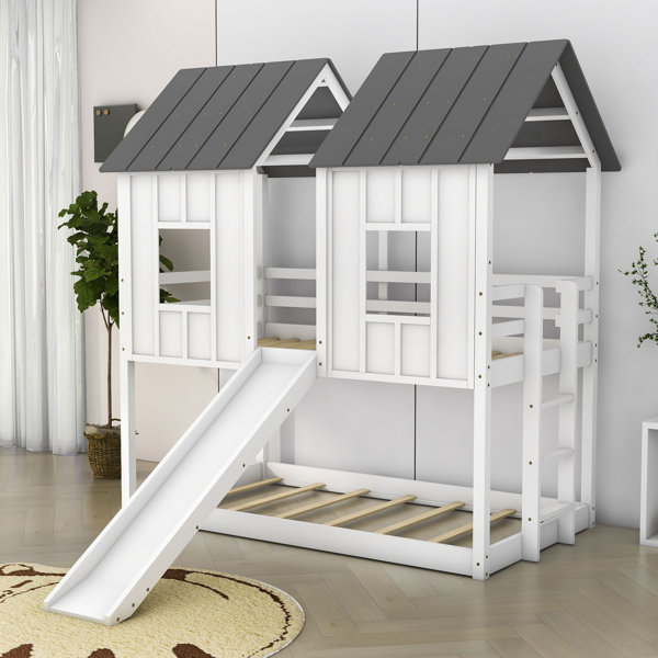Harper Orchard Ortrun Twin Over Twin House Bunk Bed with Slide